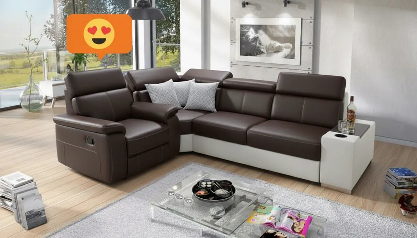 Fauteuil relax en cuir marron dans un salon clair, avec une petite icone graphique ludique superposee symbolisant le grand confort.