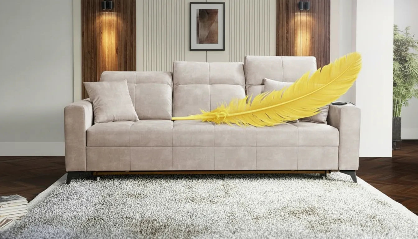 Photo realiste d'un canape KIVIK gris avec une plume jaune geante dessus