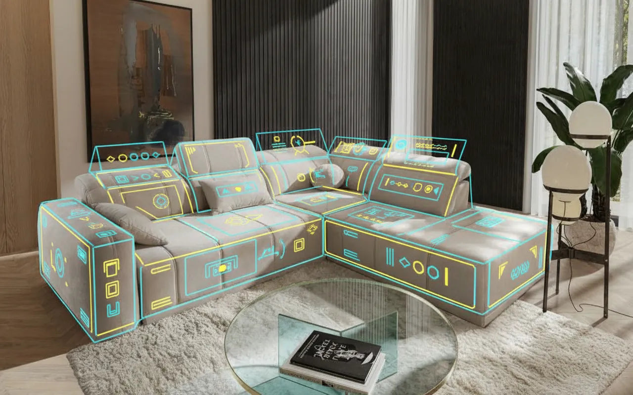 Photorealistic image of a modern cream sofa with an abstract geometric blue and yellow graphic overlay suggesting a central control panel.
