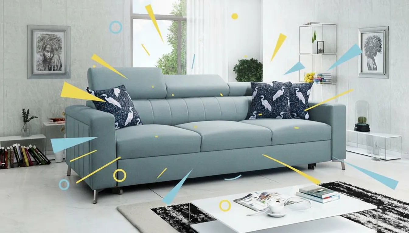 Canapé deux places style IKEA moderne dans un salon lumineux avec superposition graphique abstraite colorée sans texte