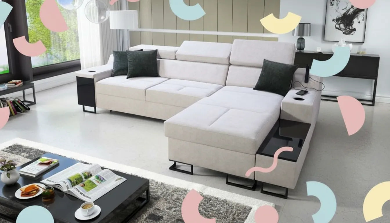Canapé moderne gris clair avec superposition graphique abstraite et colorée en arrière-plan