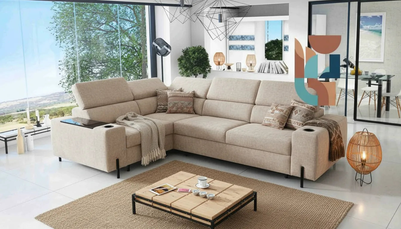 Canapé d angle confortable dans un salon style contemporain orne de coussins la sur superposition d un motif graphique abstrait aux couleurs douces