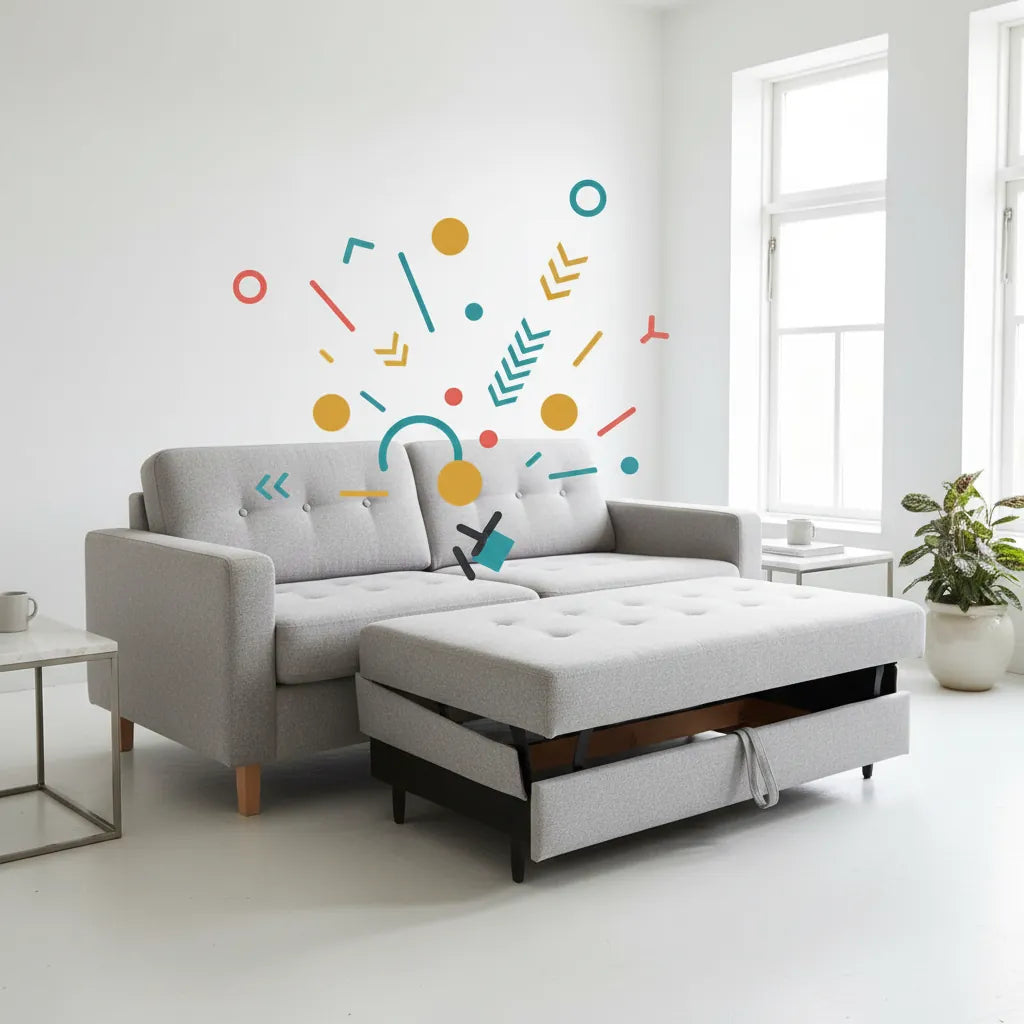 Canapé clic clac IKEA moderne gris clair en conversion lit dans un salon eclaire, avec un motif graphique dynamique style pop art superpose.