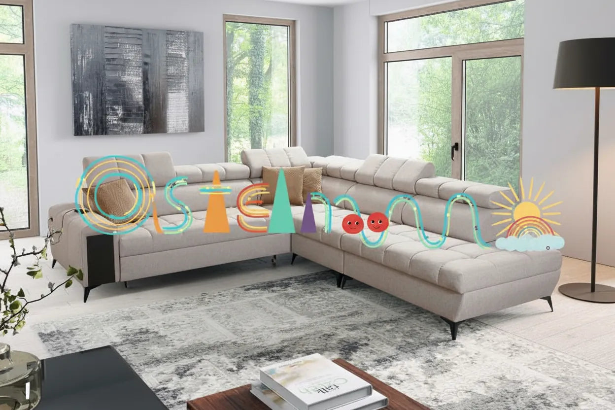 Photorealistic image of a modern sofa with a subtle abstract graphic overlay signifying the title Ostermann