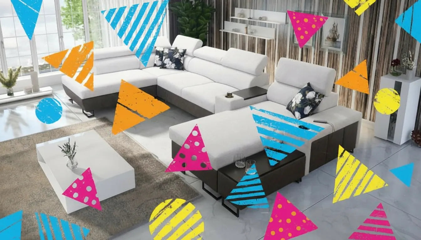 Canapé moderne dans un salon avec une superposition graphique abstraite et colorée style pop art