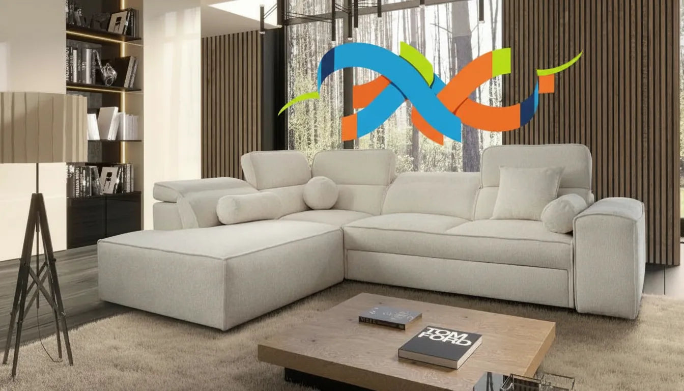 Canapé moderne avec superposition graphique abstraite et colorée au dessus