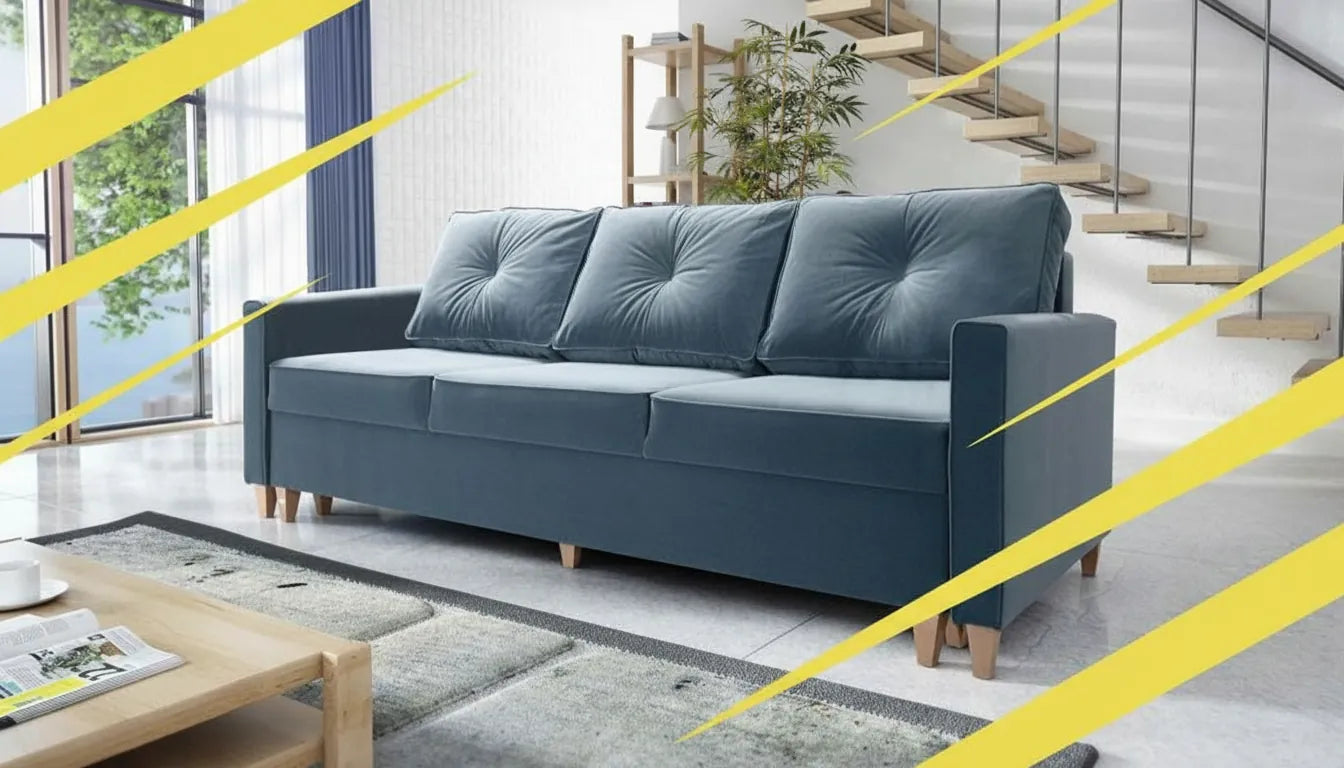 Photo réaliste d'un canapé deux places moderne avec des graphiques diagonaux jaunes superposés pour indiquer une vente spéciale