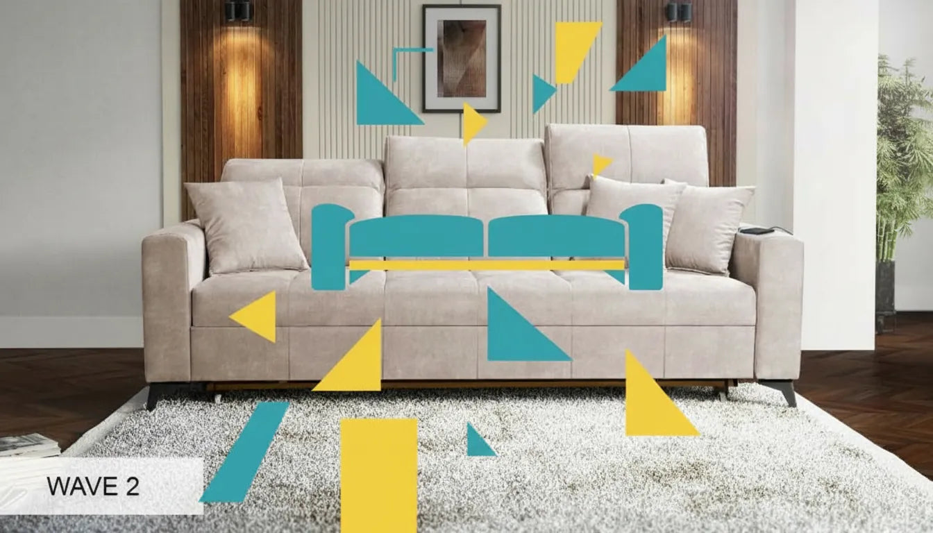 Canape lit Ikea gris clair avec superposition graphique jaune et bleu symbolisant transformation
