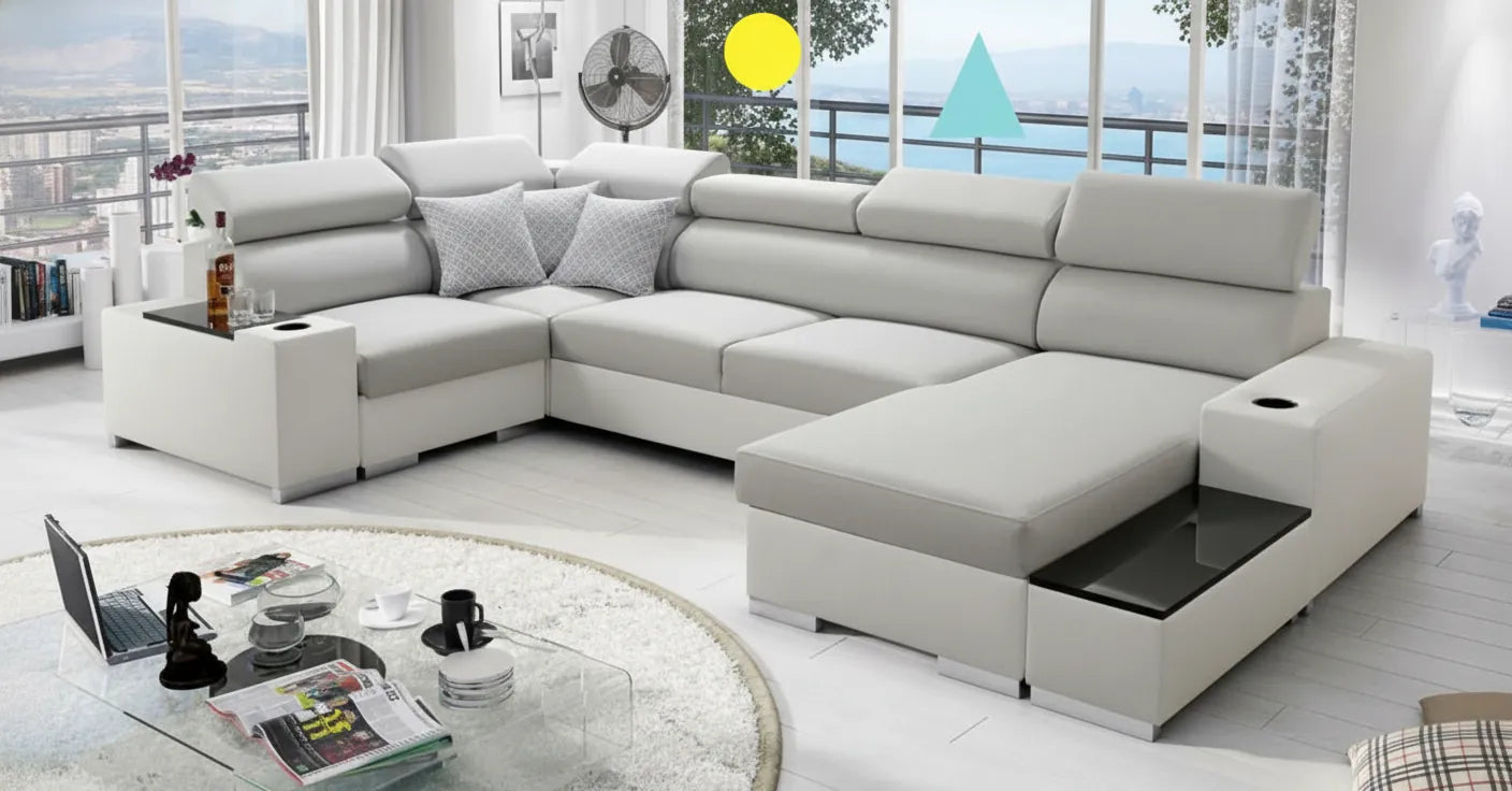 Photo d'un canape Ektorp blanc avec graphisme abstrait jaune et bleu superpose