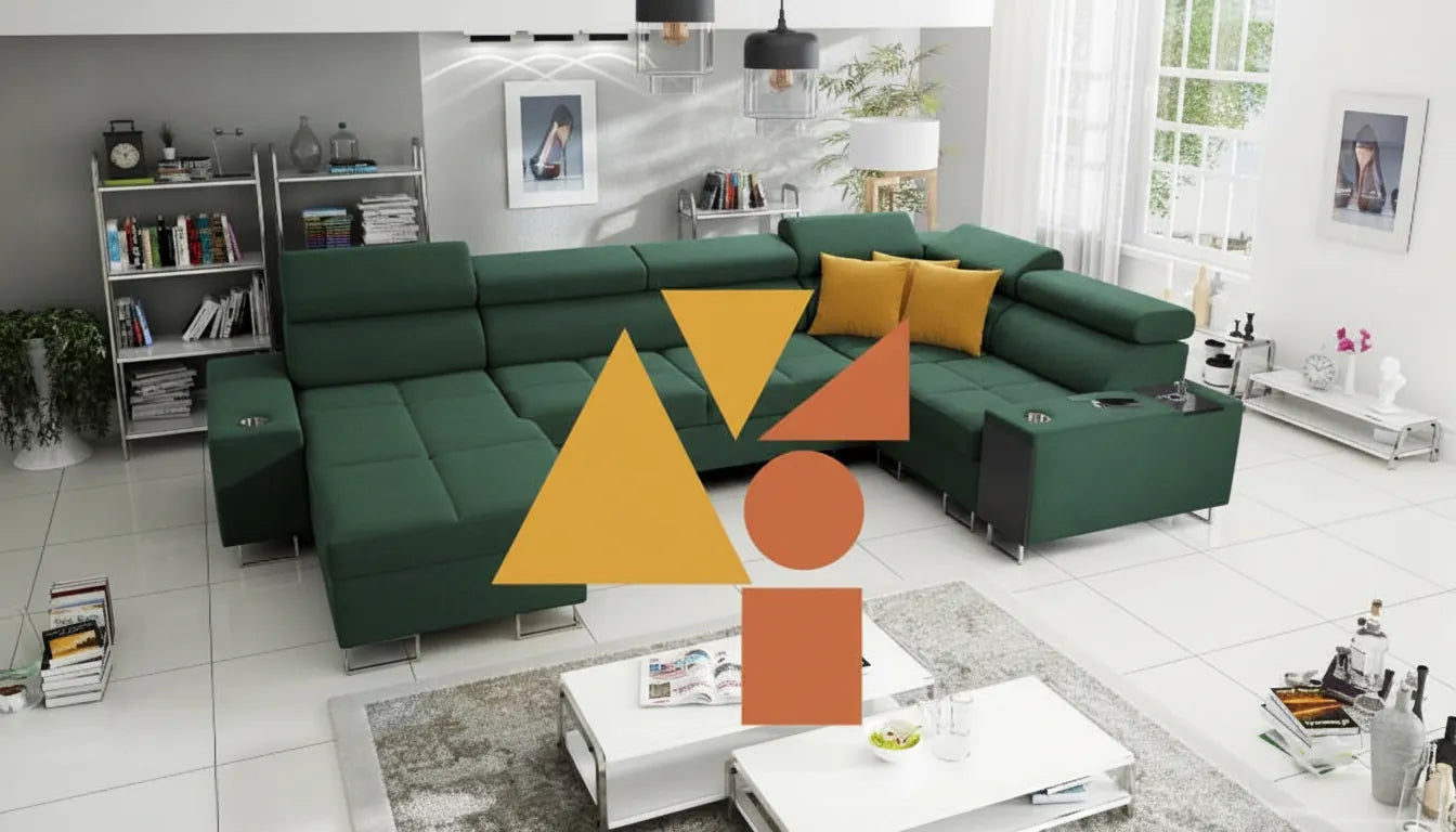 Photo realiste d un canape moderne dans un salon eclaire avec une superposition graphique abstraite centree