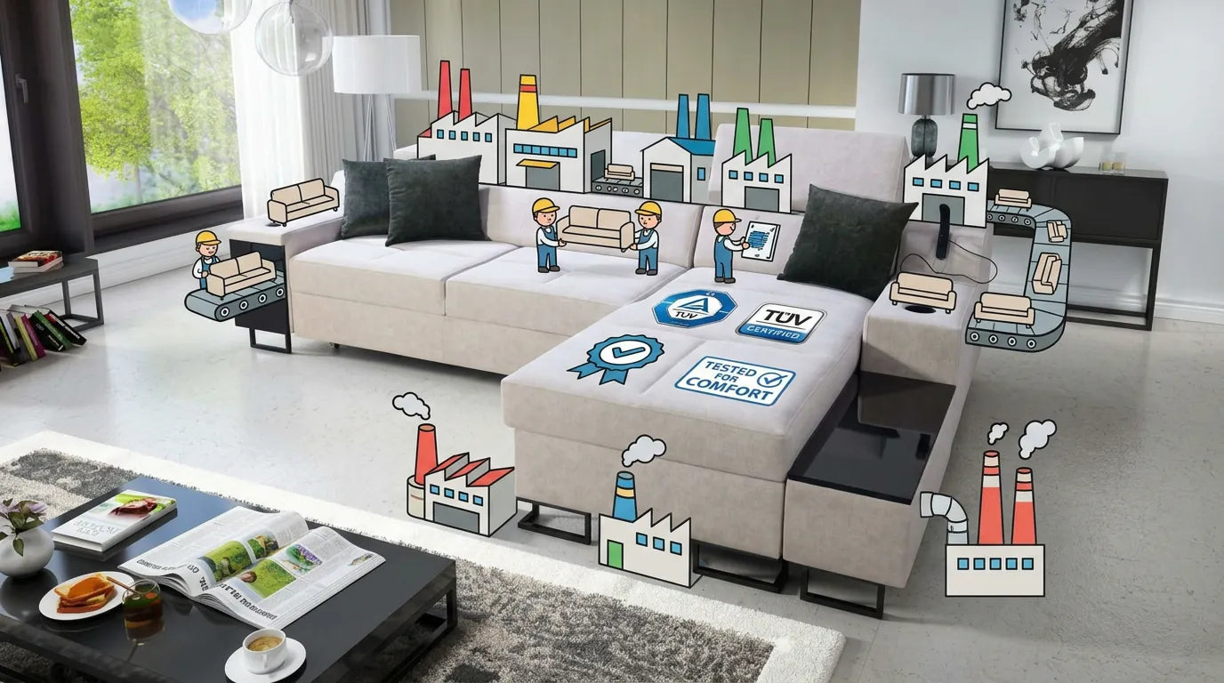 Miniature photo-réaliste humoristique d'un canapé avec des icônes graphiques d'usine superposées, symbolisant l'évaluation de produit.