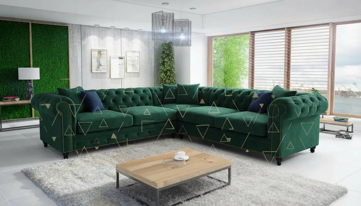 Canapé Chesterfield velours vert émeraude luxe composition graphique abstraite or bleu marine