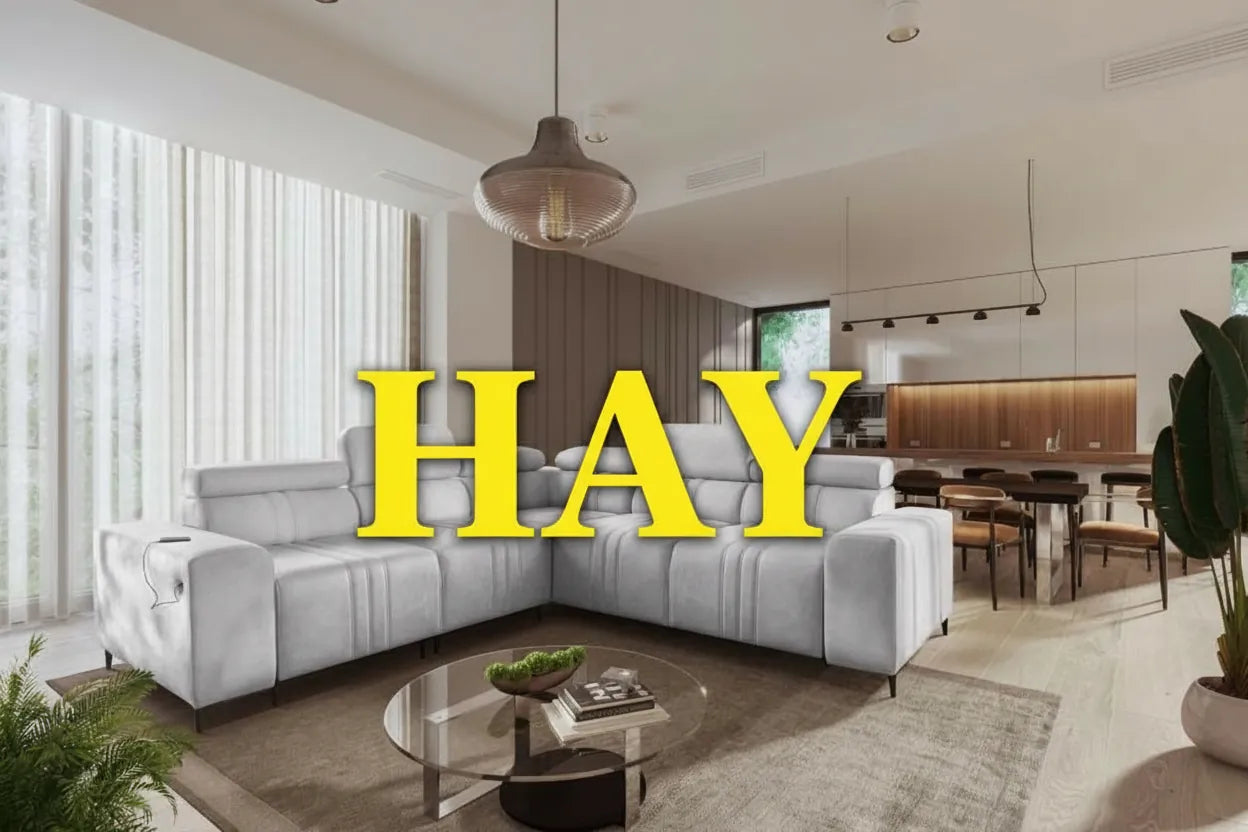 Canapé gris clair avec mot stylise HAY jaune vif en superposition graphique