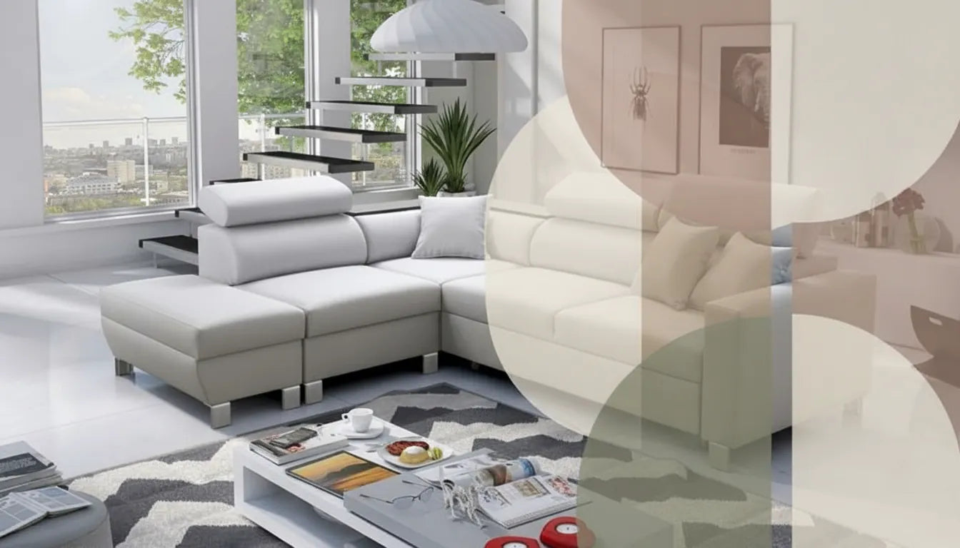 Photorealistic image of a modern sofa in a living room with overlaid minimalist abstract graphic design elements
