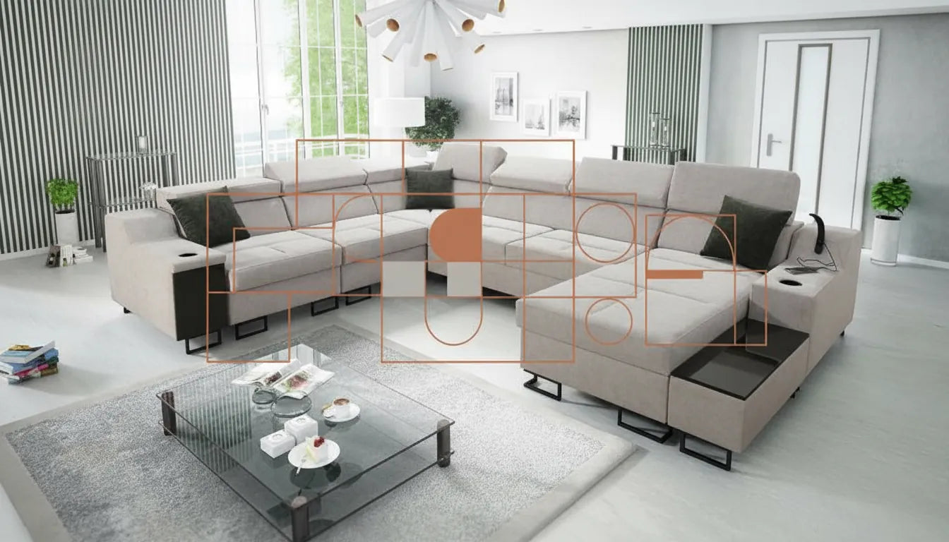 Photo réaliste d'un canapé confortable avec une superposition graphique abstraite minimaliste, sans texte.