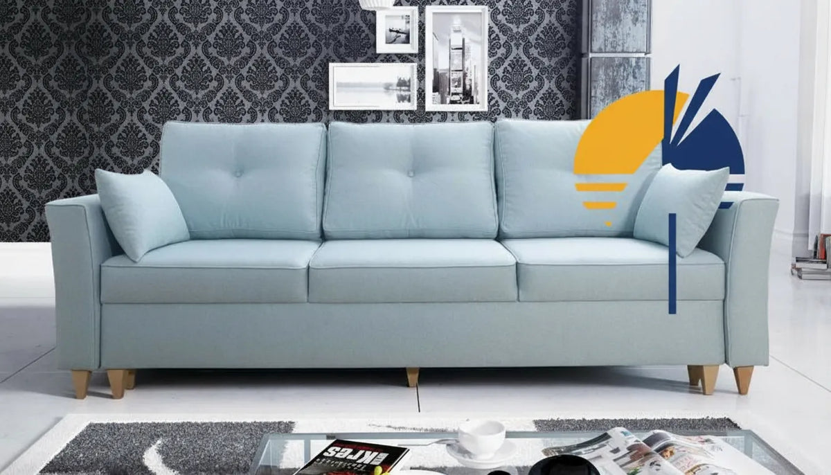 Photo realiste d'un canape moderne dans un salon avec une superposition graphique minimale style soleil couchant