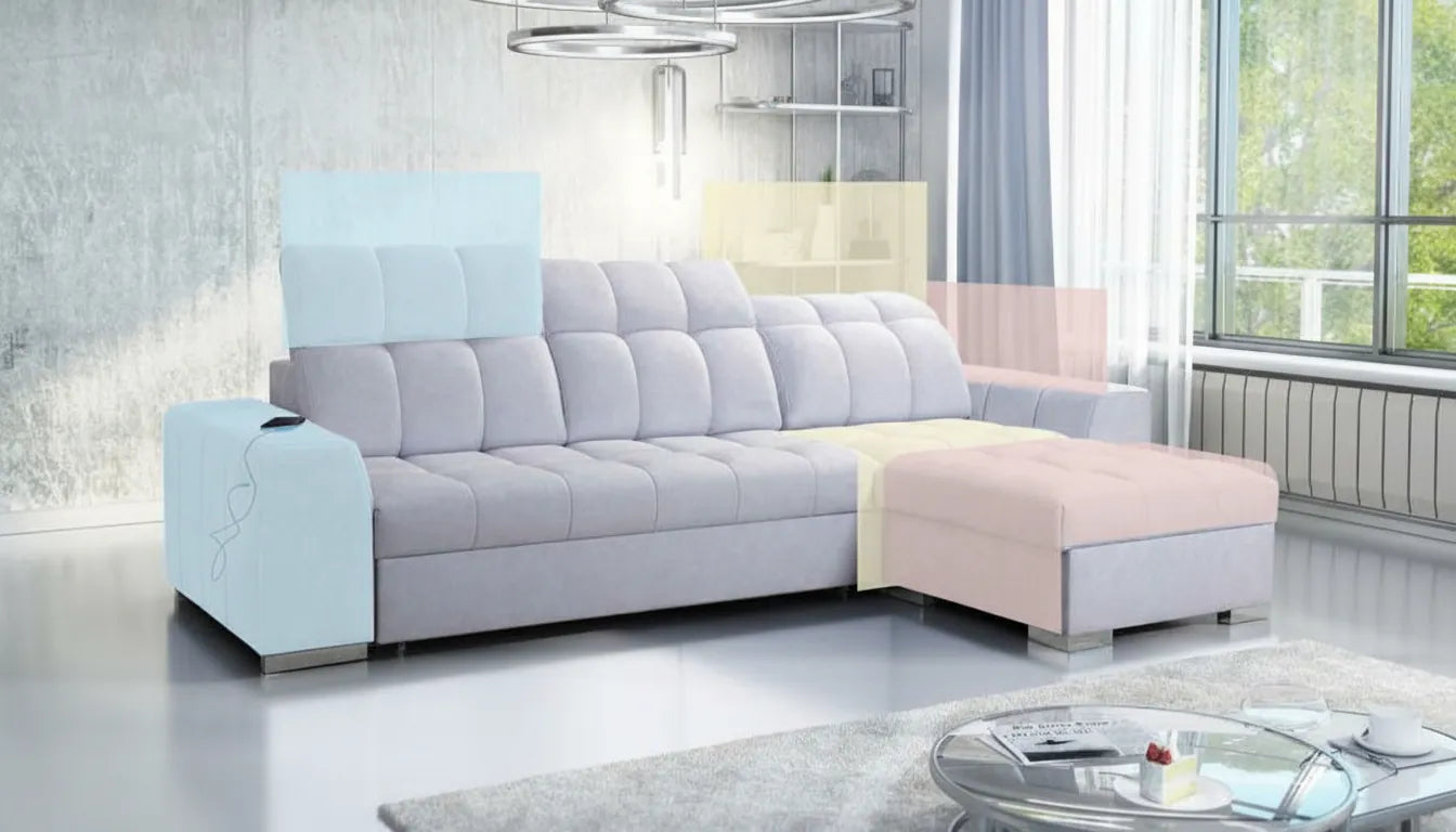 Canapé modulable gris dans un salon moderne avec superposition graphique minimaliste pastel
