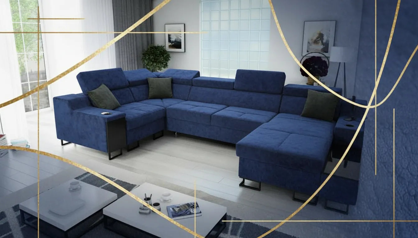 Miniature photo réaliste d'un canapé design bleu marine avec des graphiques dorés superposés, style intérieur moderne et luxueux.