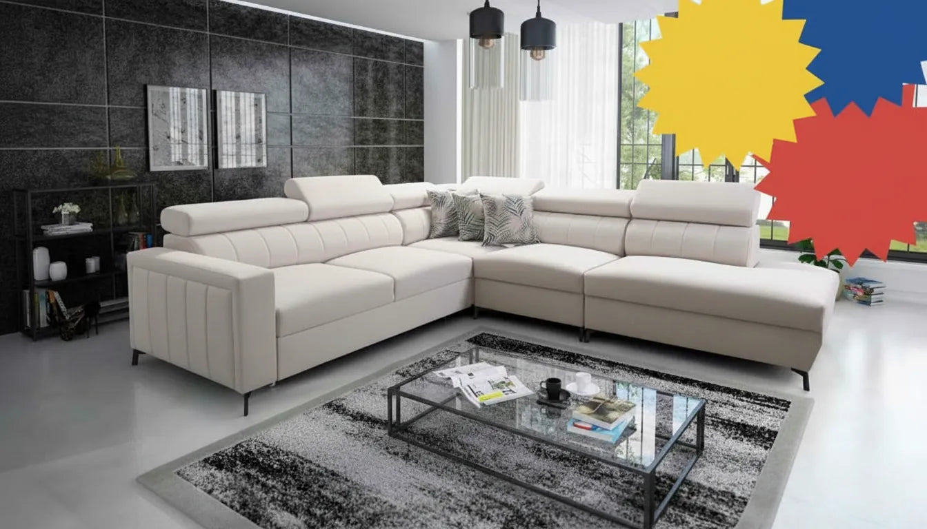 Photo realiste d'un canape design moderne avec superpositions graphiques abstraites et colorées rappelant des offres promotionnelles
