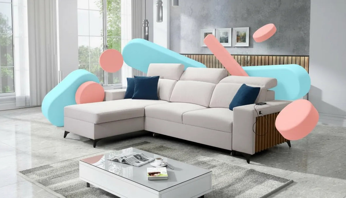 Image conceptuelle de canape moderne avec elements graphiques abstraits minimalistes superposes