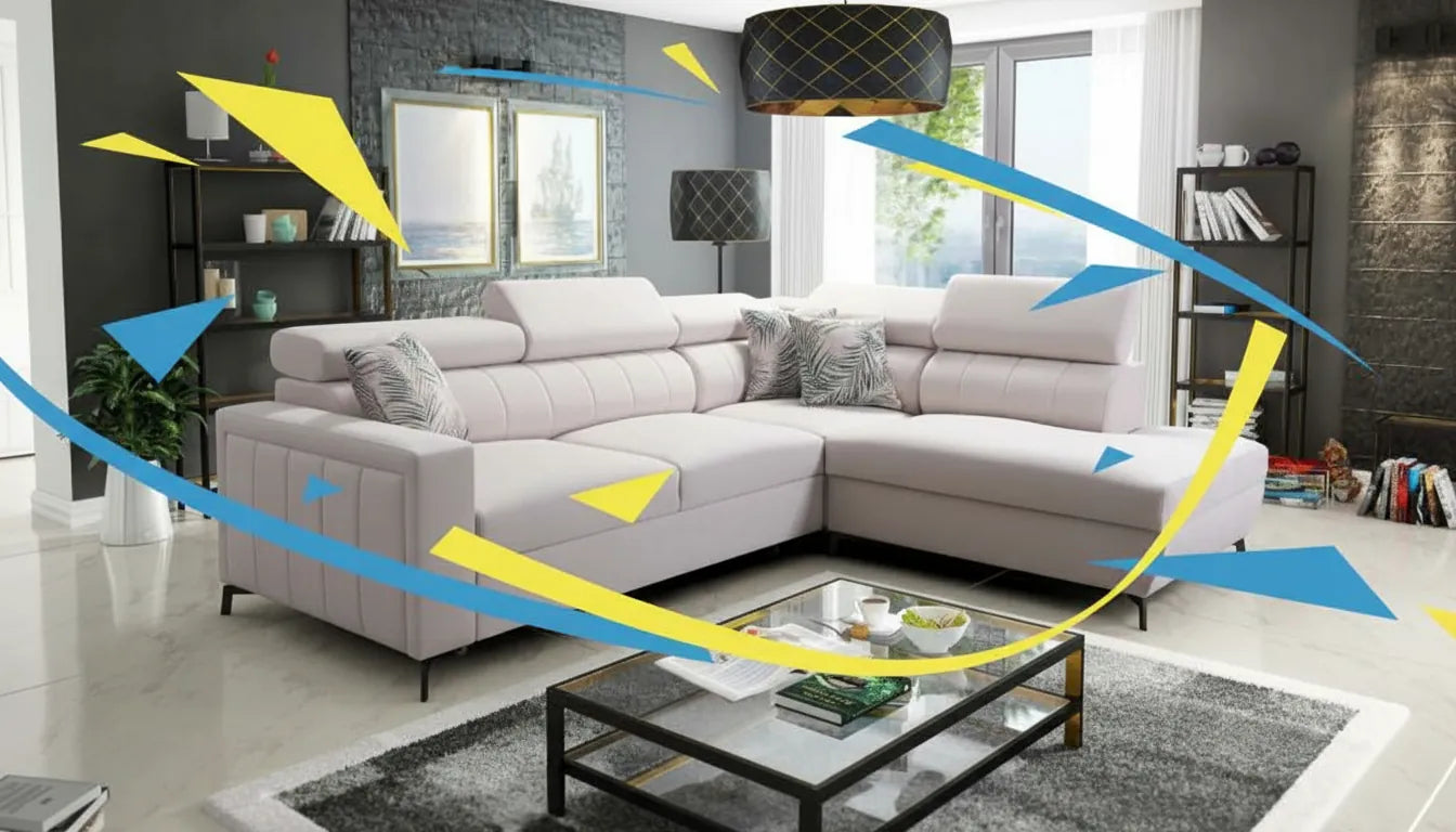 Canapé moderne et réaliste avec superposition graphique dynamique aux couleurs vives.