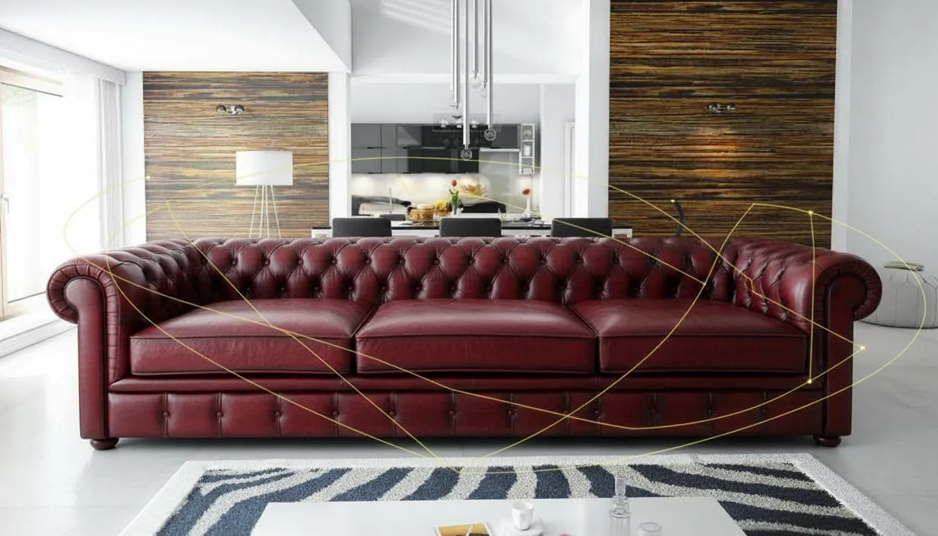 Canapé Chesterfield en cuir rouge luxe avec superposition graphique de lignes dorées abstraites rappelant une constellation
