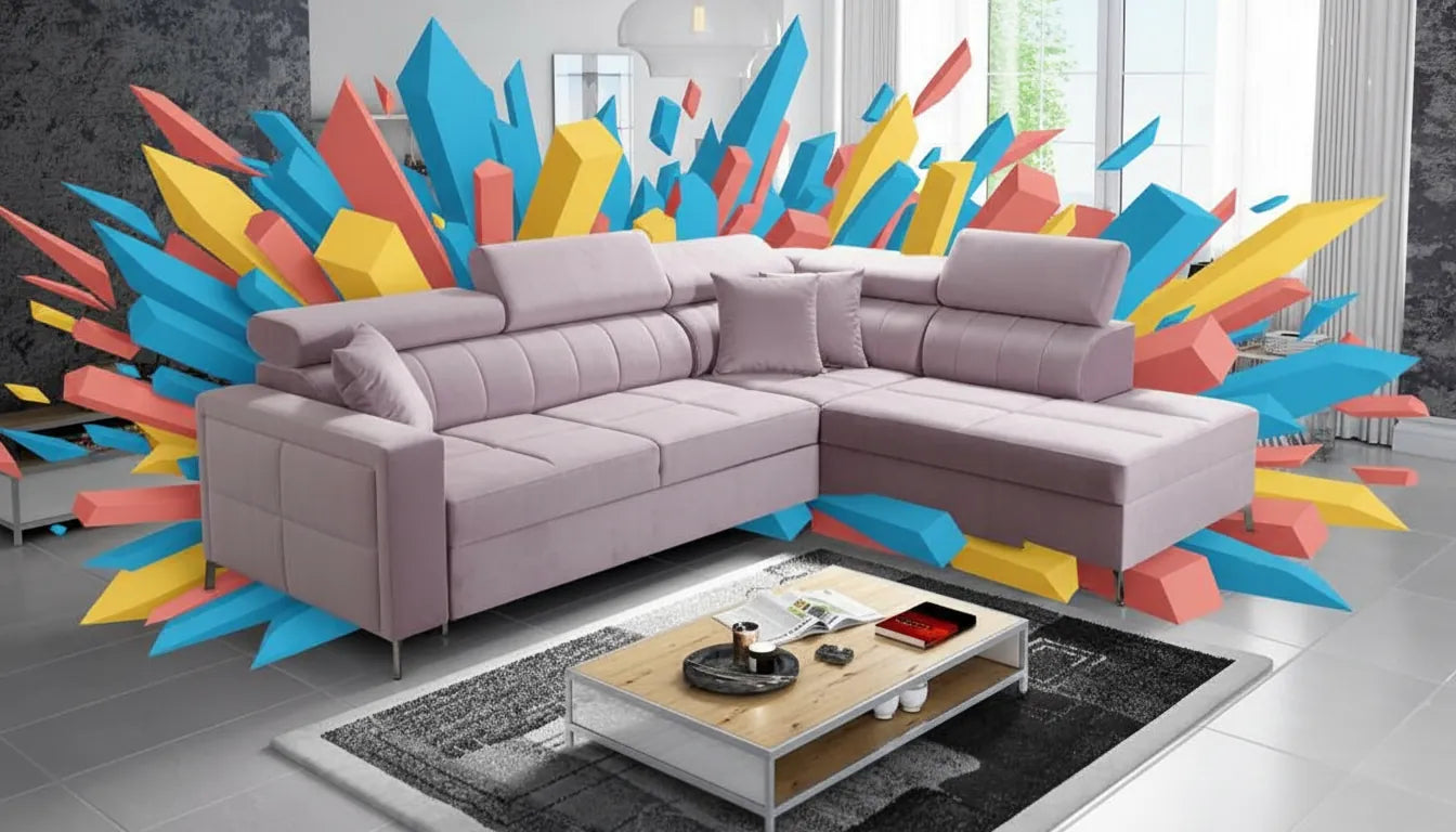 Image réaliste de canape d angle moderne avec superposition graphique abstraite et colorée