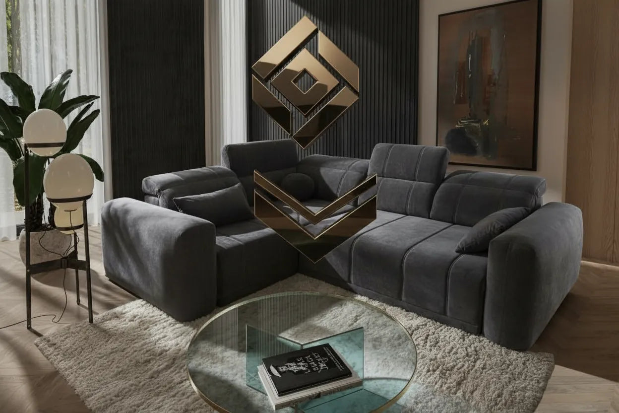 Photo réaliste d'un canapé moderne avec une forme graphique abstraite et polie flottant au-dessus, ambiance luxueuse et amusante.