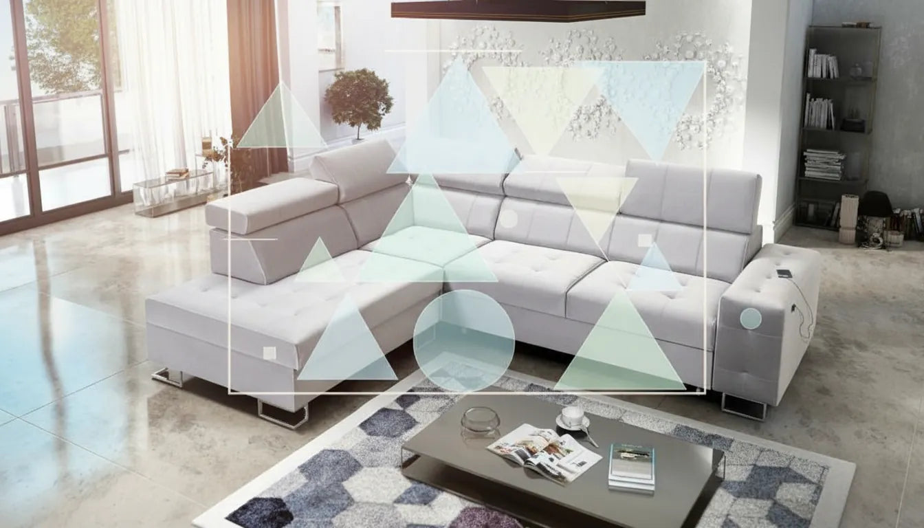 Realistic photo of a modern sofa overlaid with abstract pastel geometric graphics