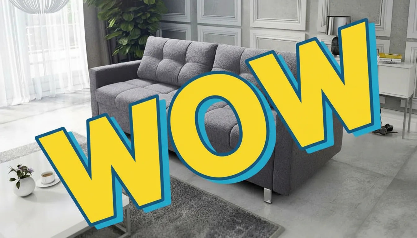 Canapé IKEA gris clair photo réaliste avec un grand symbole graphique 'WOW' coloré superposé
