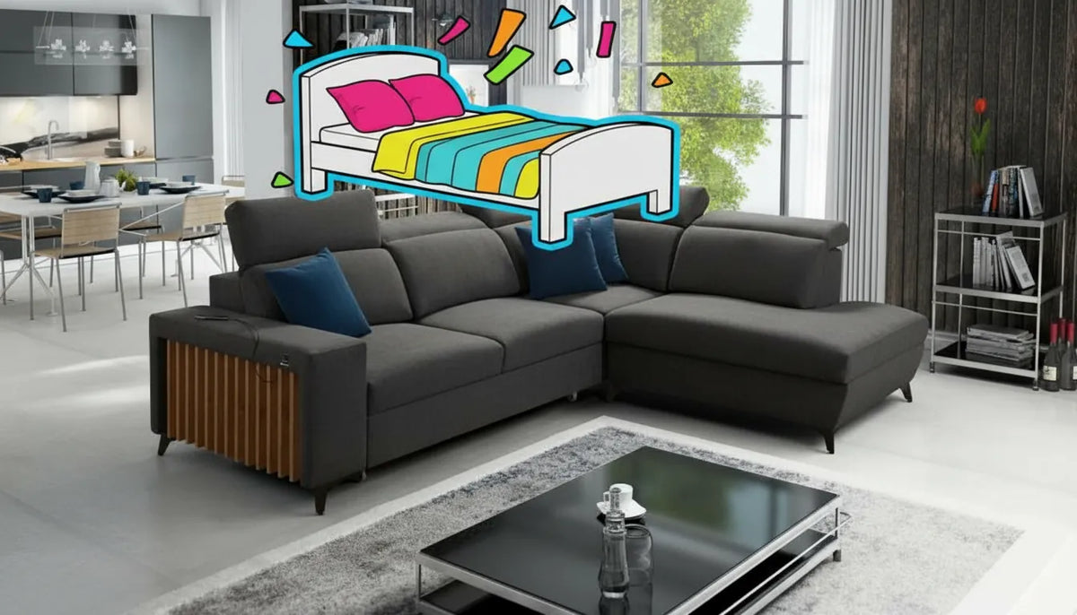 Canapé gris se transformant en lit avec ajout graphique superposé pour un effet amusant