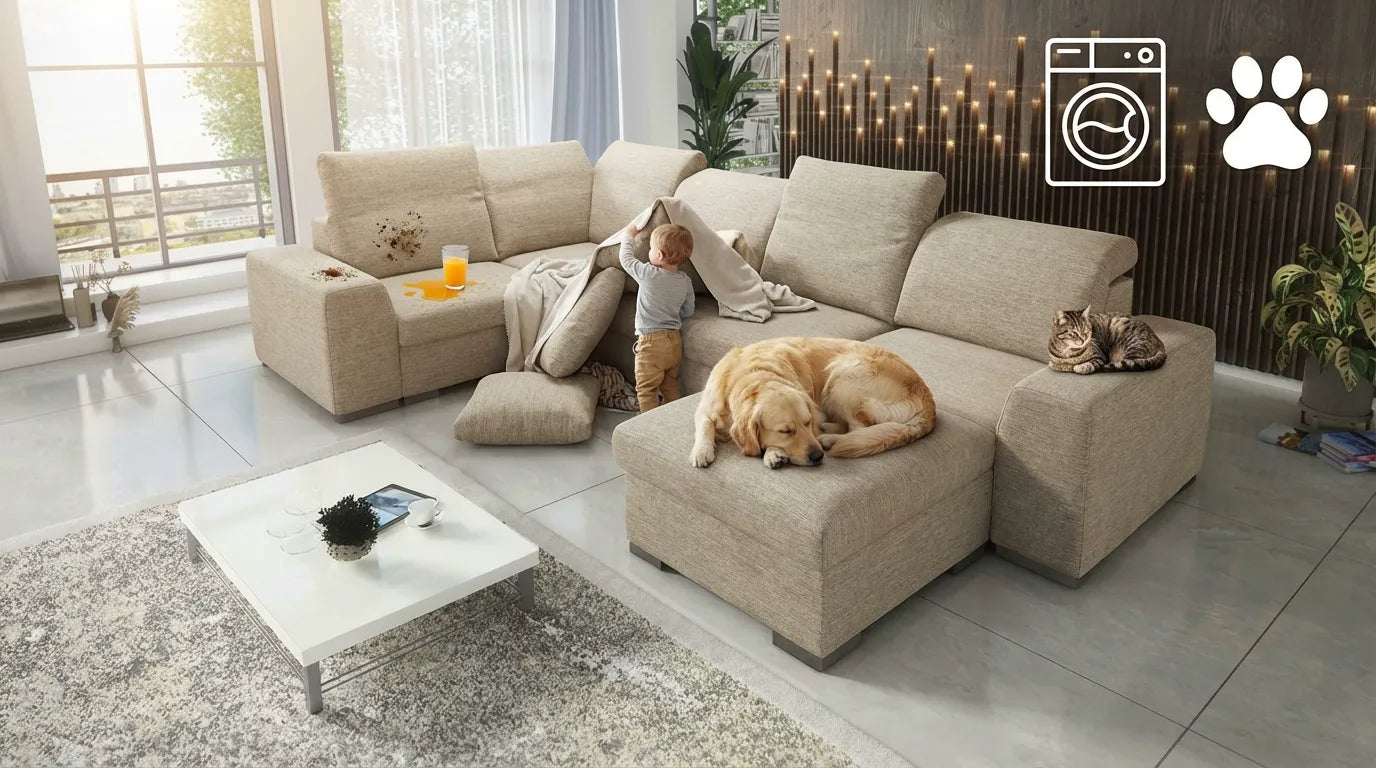 Canapé XL familial résistant aux taches, avec enfants et animaux, doté de housses techniques faciles à nettoyer.
