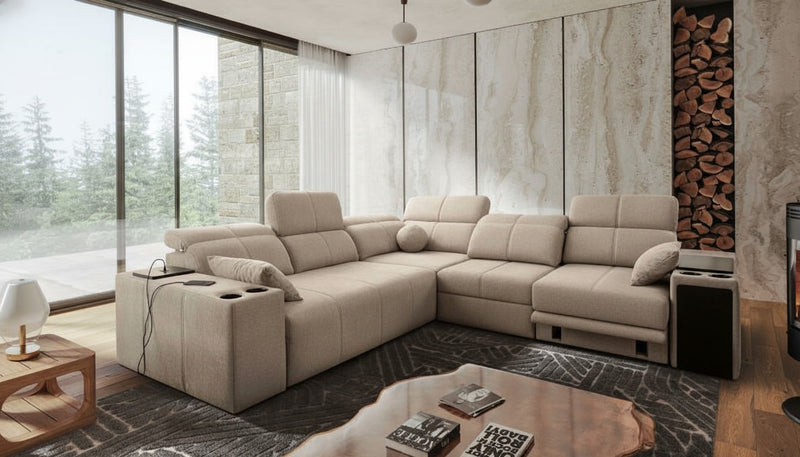 Image d'un canapé d'angle. Ce canapé est convertible et dispose d'un coffre de rangement. Il est également présenté comme modulaire ou relax selon les variations du titre.