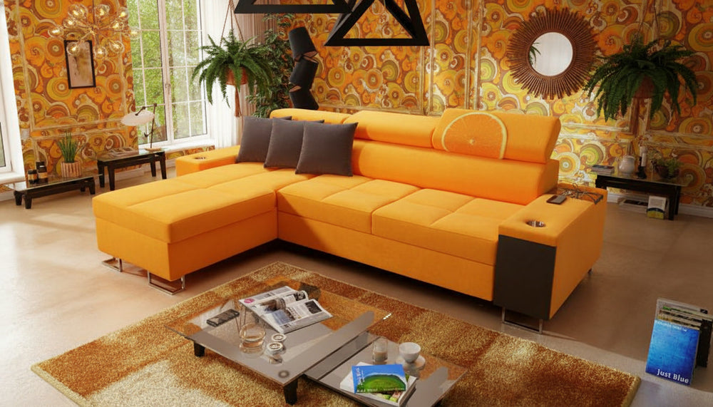 Image d'un canapé de style vintage, de couleur orange.