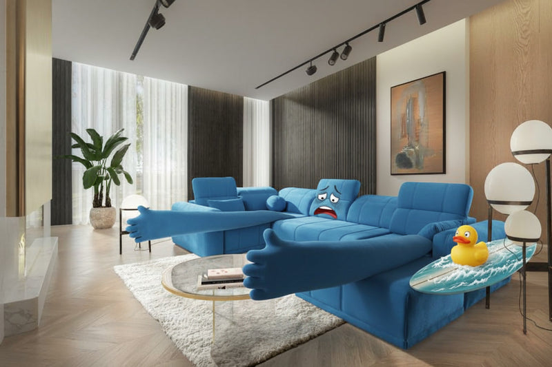 Un canapé convertible de couleur bleu canard.