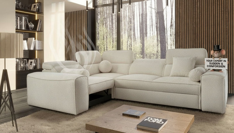 Image d'un canapé d'angle convertible de couleur beige.