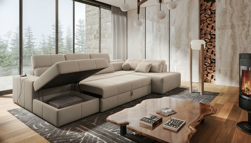Image d'un canapé de type panoramique intégrant une fonction de coffre de rangement.