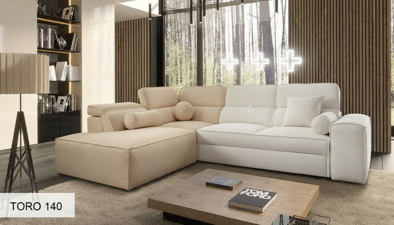 Image d'un canapé aux teintes beige et blanc.