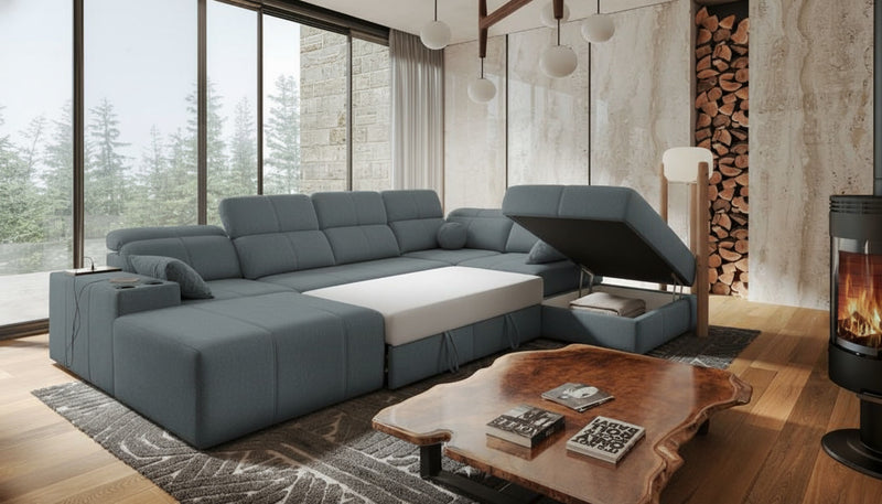 Image d'un canapé de grande taille (panoramique) qui offre la possibilité de se transformer en couchage (convertible).