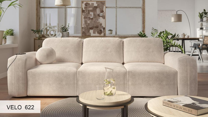 Illustration d'un canapé de forme droite, conçu pour être convertible en couchage.