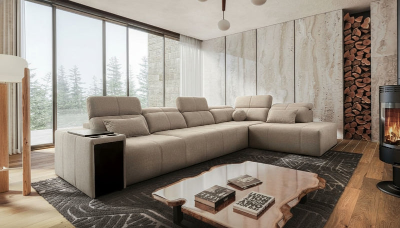 Image montrant un canapé moderne équipé d'un espace de rangement intégré visible et d'un mini-bar inclus.