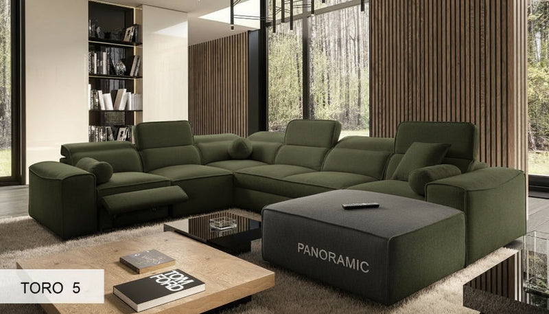 Image d'un canapé de type panoramique, de couleur vert olive.