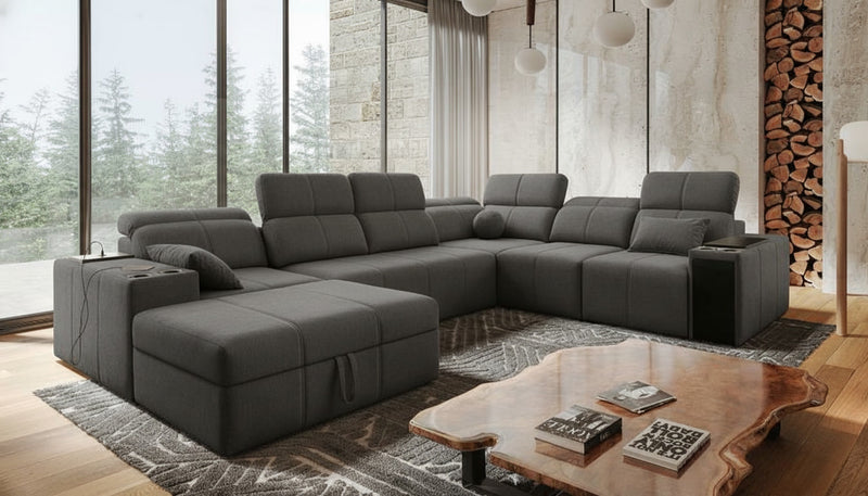 Illustration d'un canapé de grande taille de type panoramique, équipé d'un mécanisme permettant d'avancer et de reculer des assises ou dossier.