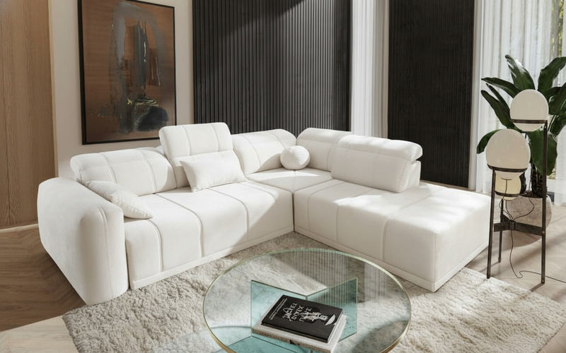 Image d'un canapé d'angle, pouvant être configuré en version gauche ou droite.