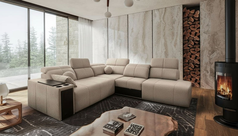 Image d'un canapé équipé d'un ou plusieurs repose-pieds intégrés ou associés.