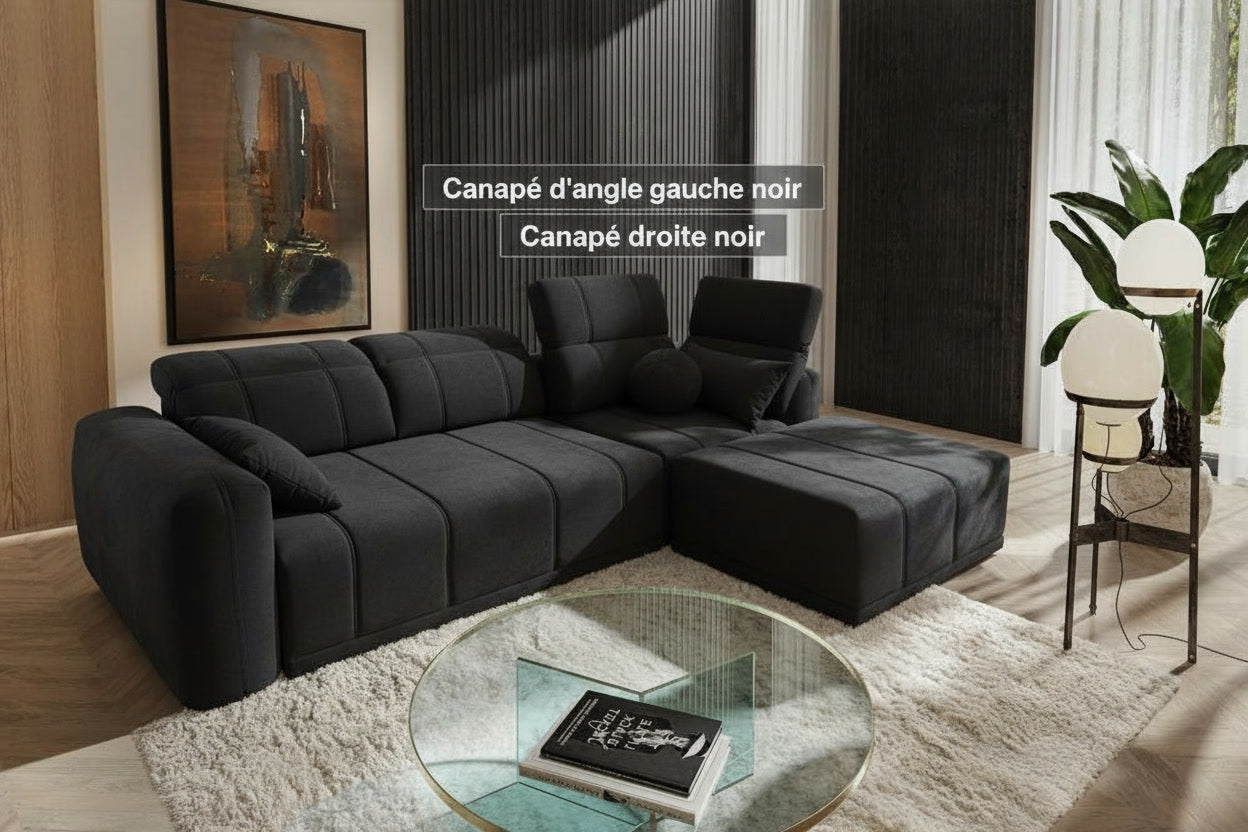 Image d'un canapé d'angle, potentiellement une configuration gauche ou droite, de couleur noire.