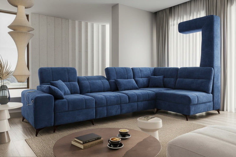 Image d'un canapé d'angle de couleur bleue.