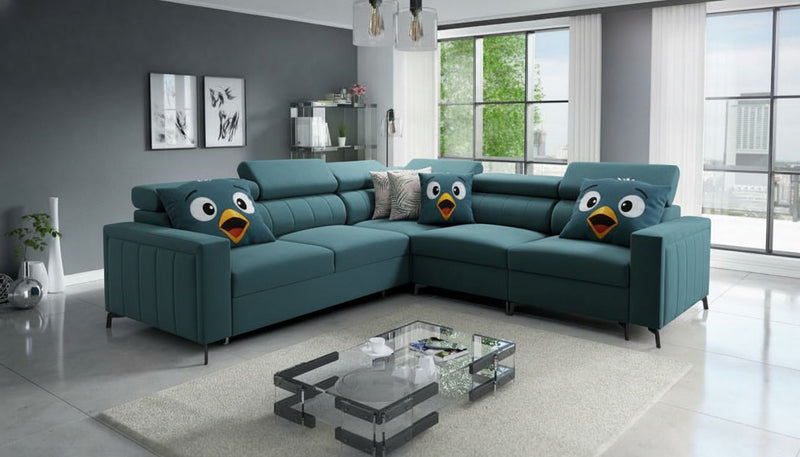 Photographie d'un canapé de couleur bleu canard.