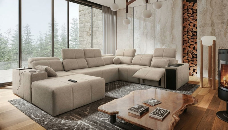 Image d'un canapé de type panoramique de couleur beige.