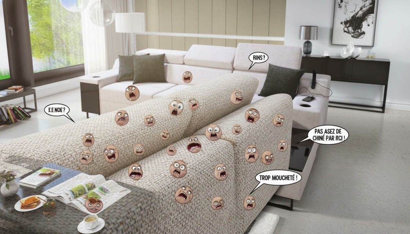 Image centrée sur un canapé fait de tissu chiné. La forme exacte du canapé n'est pas précisée.